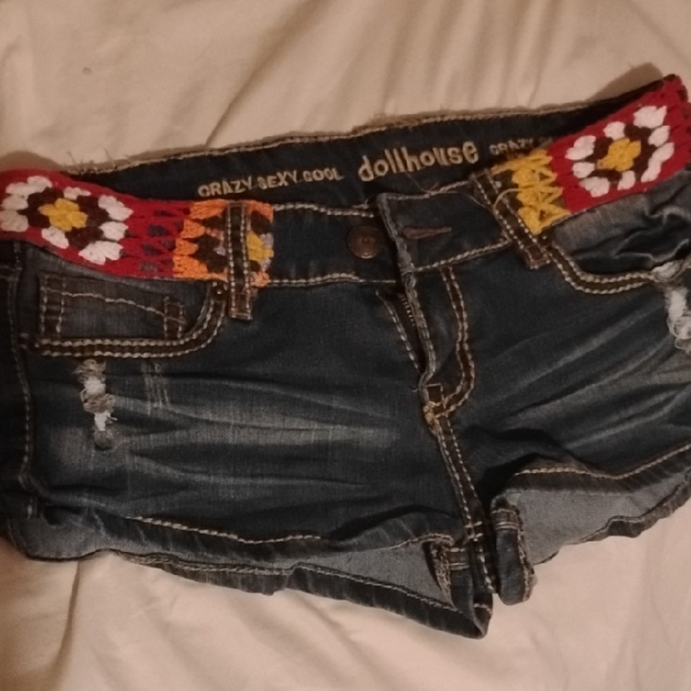 Dollhouse Women's Jean Shorts with Red and Yellow Accents